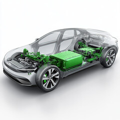 A detailed, green, transparent line drawing of an electric car with a battery and motor, on a white background