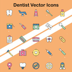 Collection of dentist icons showcasing various dental tools and treatments ideal for healthcare and medical themes.