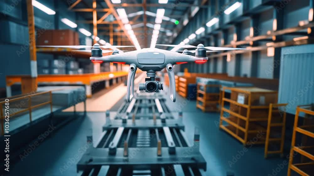 Poster exploring modern warehouse automation drone technology and equipment for efficient logistics with ad
