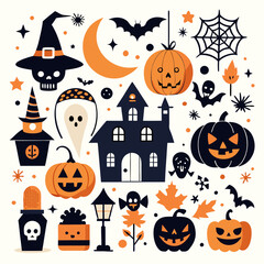 Playful Halloween Icons: Spooky Fun with Pumpkins, Bats, and Ghosts. An autumn postcard design for Scary Halloween with Cute characters. 