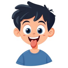 Obraz premium A cheerful cartoon boy in a vibrant flat design playfully sticks his tongue out, set against a clean white backdrop.