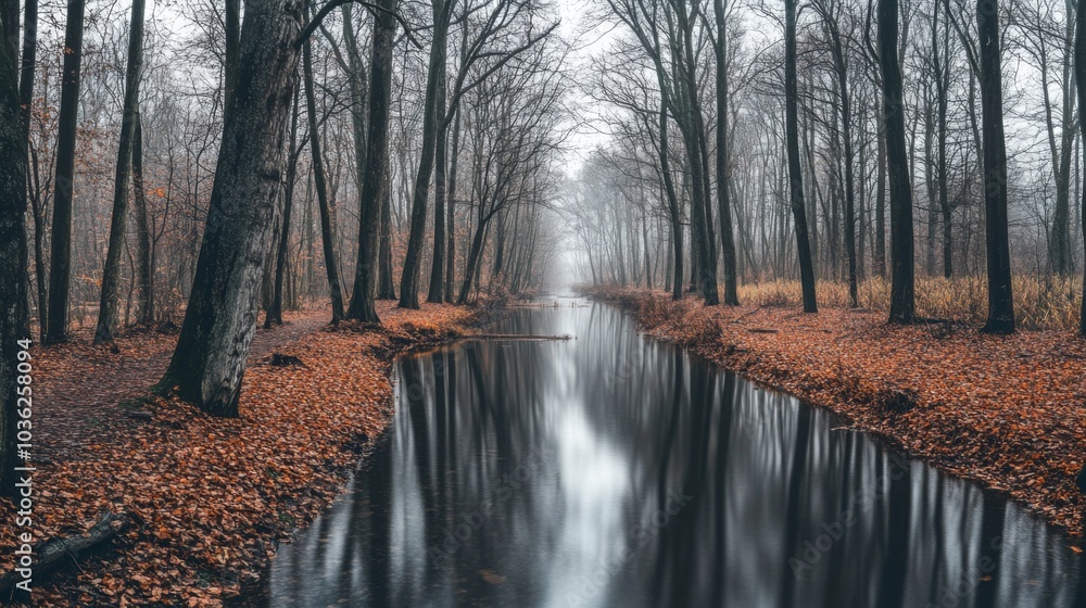 Leinwandbilder A tranquil river flows gently through a mist-covered forest in autumn. Bare trees line the banks, and fallen leaves cover the ground, creating a serene atmosphere in the fading daylight.