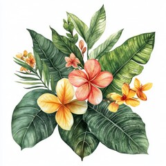 Watercolor of Tropical spring floral green leaves and flowers s isolated on white background, bouquets greeting or wedding card decoration