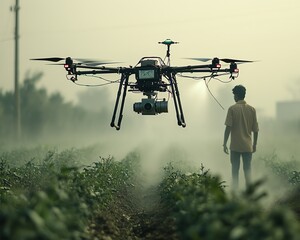 Drone hovering over an Indian agricultural field, spraying fertilizer, with a farmer overseeing the process, representing technological advancements in farming