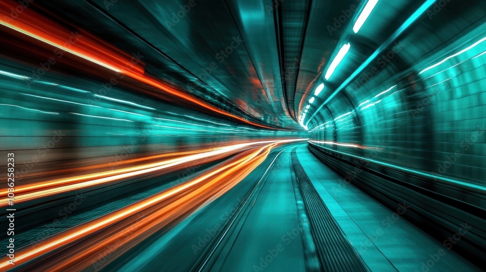 Poster a dynamic view of a glowing tunnel, suggesting motion and speed.