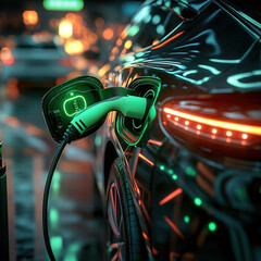 An electric car charging, with the cable glowing green and the vehicle's body in shades of dark gray to light brown