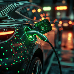 An electric car charging, with the cable glowing green and the vehicle's body in shades of dark gray to light brown