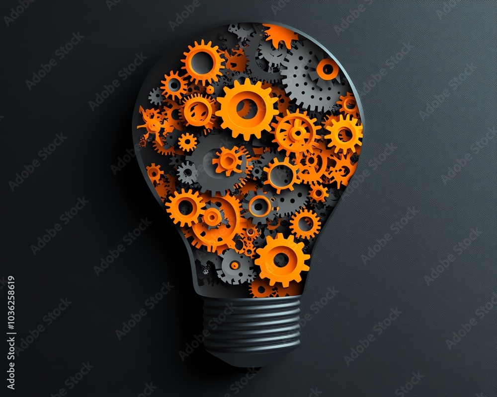 Poster a creative light bulb integrated with gears and cogs, visually representing the harmony of innovatio