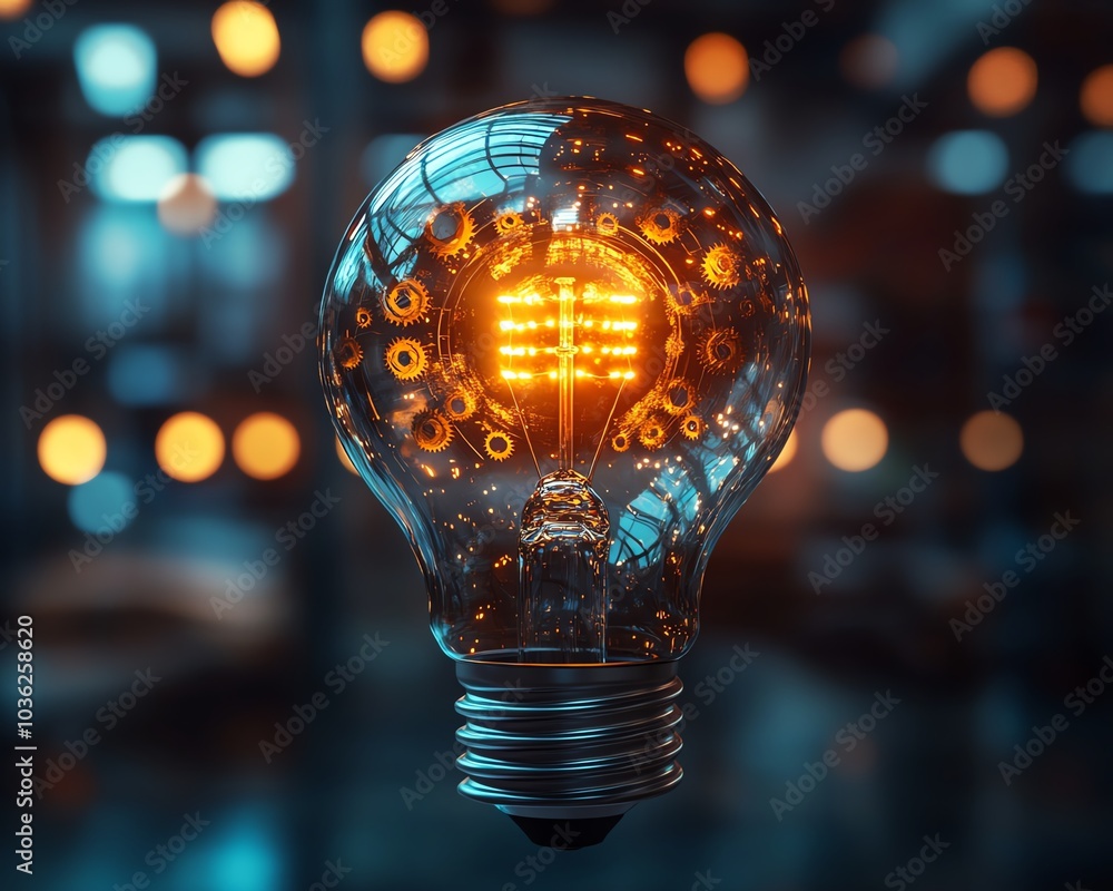 Poster a creative light bulb integrated with gears and cogs, visually representing the harmony of innovatio
