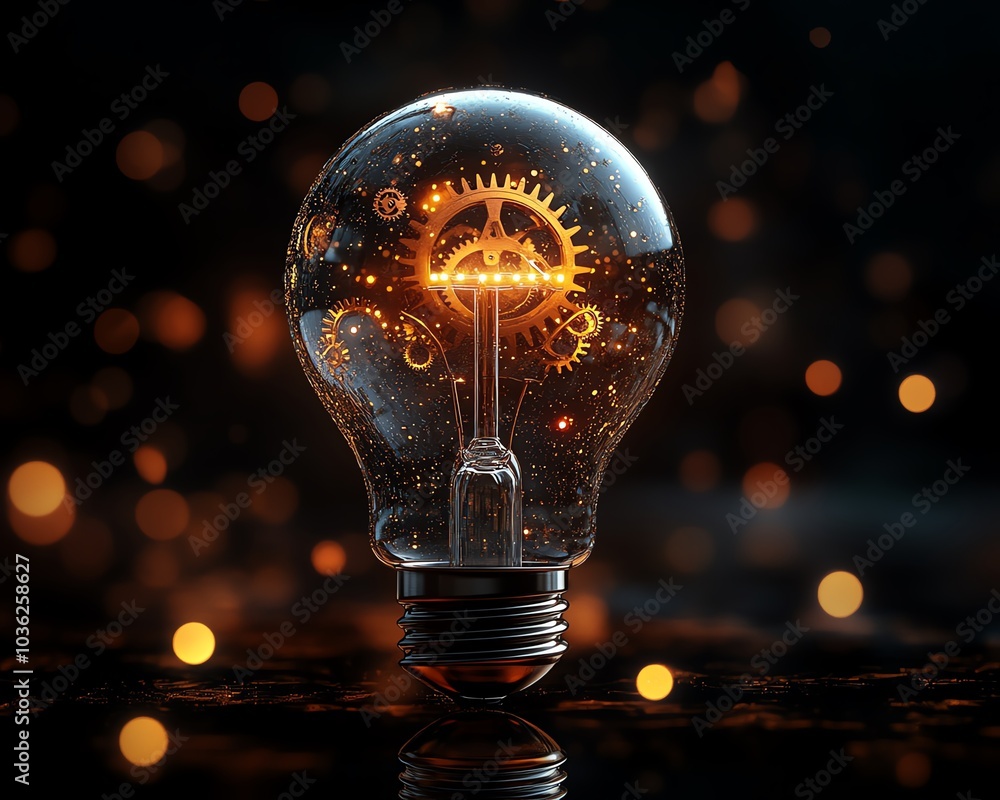 Poster a creative light bulb integrated with gears and cogs, visually representing the harmony of innovatio