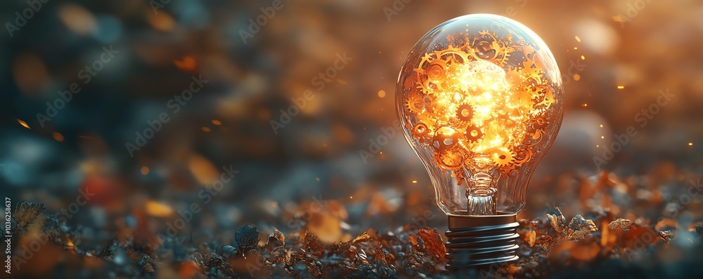 Fototapete a detailed light bulb embellished with gears and cogs, illustrating the dynamic relationship between