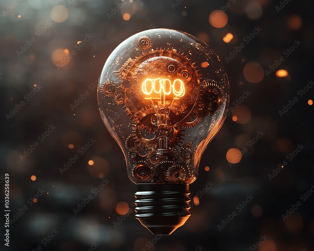 Poster a creative light bulb integrated with gears and cogs, visually representing the harmony of innovatio