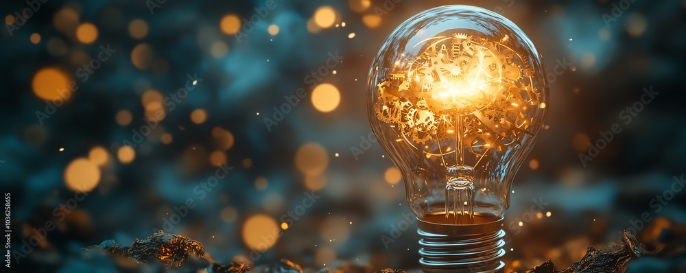 Fototapete a detailed light bulb embellished with gears and cogs, illustrating the dynamic relationship between