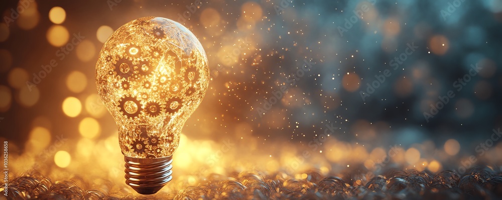 Aufkleber A detailed light bulb embellished with gears and cogs, illustrating the dynamic relationship between creativity and innovation in a unique visual