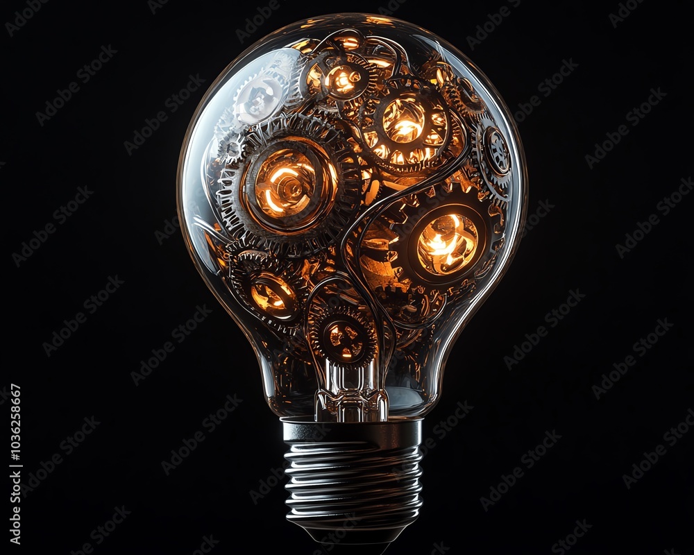 Poster a light bulb intricately adorned with gears and cogs, symbolizing innovation and the synergy between