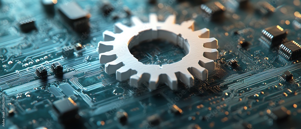 Poster abstract futuristic vector illustration showcasing a 3d white paper gear wheel on a circuit board ba
