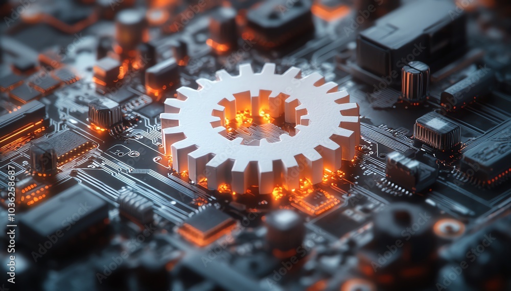 Poster abstract representation of a 3d white paper gear wheel on a circuit board, illustrating the future o