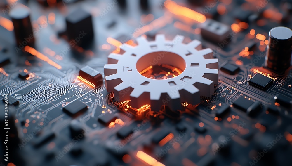 Poster abstract representation of a 3d white paper gear wheel on a circuit board, illustrating the future o