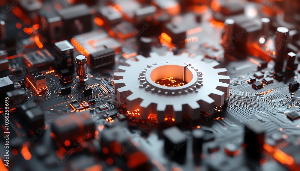 Poster abstract representation of a 3d white paper gear wheel on a circuit board, illustrating the future o