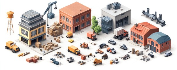 Fototapeta premium A collection of 3D isometric projections including houses, buildings, cranes, and cars, offering essential elements for innovative design projects