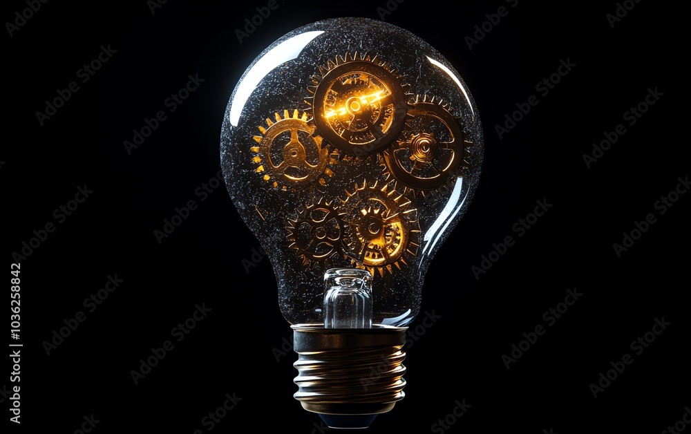 Poster conceptual light bulb design featuring gears and cogs working together, symbolizing the connection b