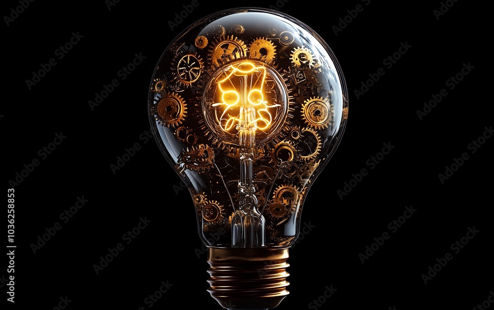 Poster conceptual light bulb design featuring gears and cogs working together, symbolizing the connection b