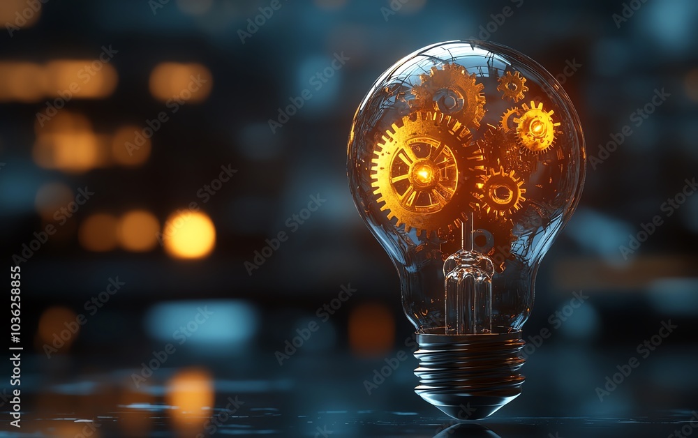 Poster conceptual light bulb design featuring gears and cogs working together, symbolizing the connection b