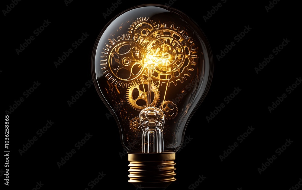 Poster conceptual light bulb design featuring gears and cogs working together, symbolizing the connection b