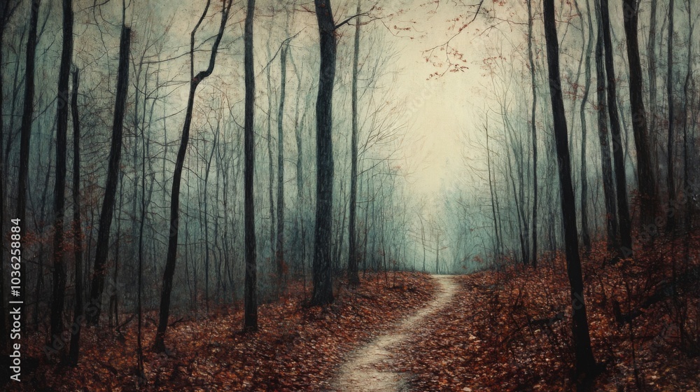 Poster a narrow path winds through a dense, misty forest, where bare trees loom overhead and dry leaves cov