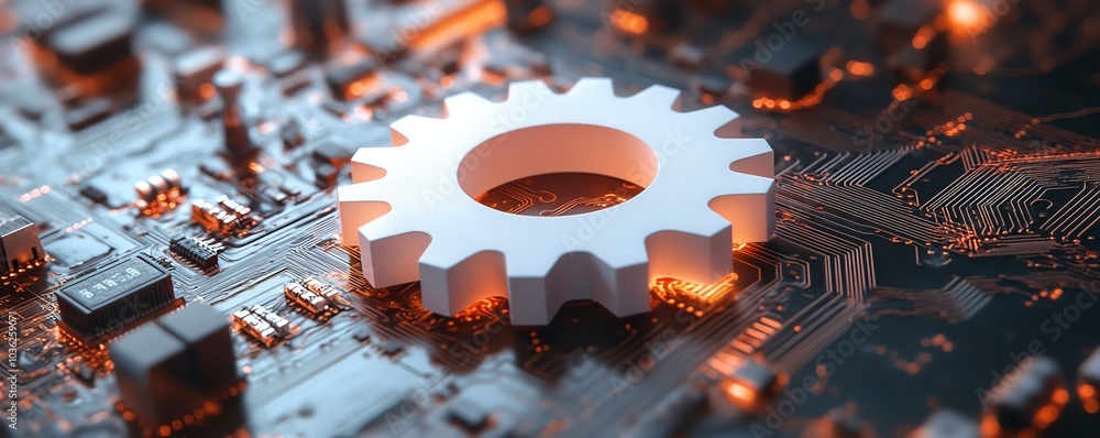 Fototapete Dynamic vector illustration of a 3D white paper gear wheel on a circuit board background, symbolizing the fusion of creativity and hightech engineering