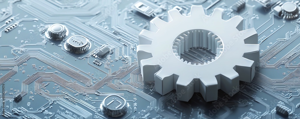Leinwandbilder dynamic vector illustration of a 3d white paper gear wheel on a circuit board background, symbolizin