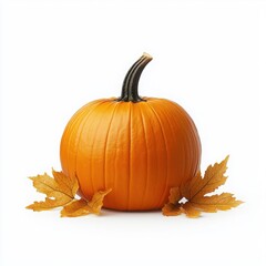 Vibrant pumpkin with autumn leaves on a white isolated background.