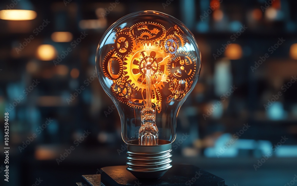 Poster innovative light bulb design featuring interlocking gears and cogs, symbolizing the collaboration be