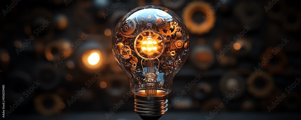 Poster intricate light bulb adorned with mechanical gears and cogs, representing the synergy of creativity 