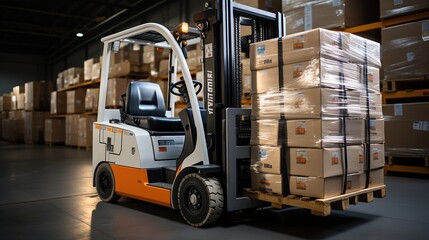Naklejka premium pallet loader truck equipment is loading stacks of cardboard 