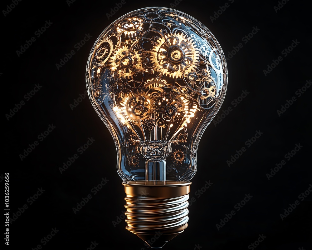Poster light bulb adorned with intricate gears and cogs, highlighting the synergy between creativity and te