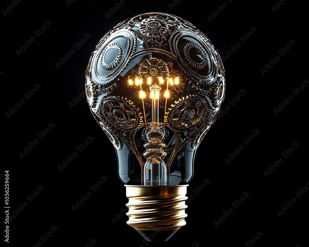 Poster light bulb adorned with intricate gears and cogs, highlighting the synergy between creativity and te