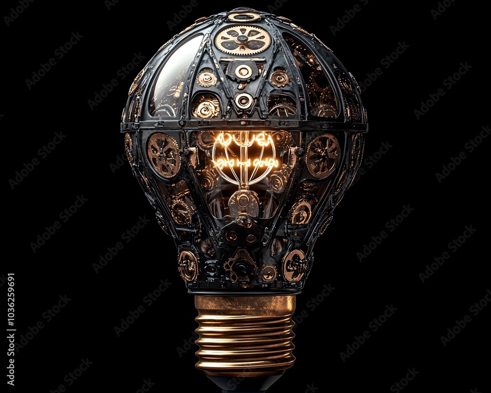 Poster light bulb adorned with intricate gears and cogs, highlighting the synergy between creativity and te