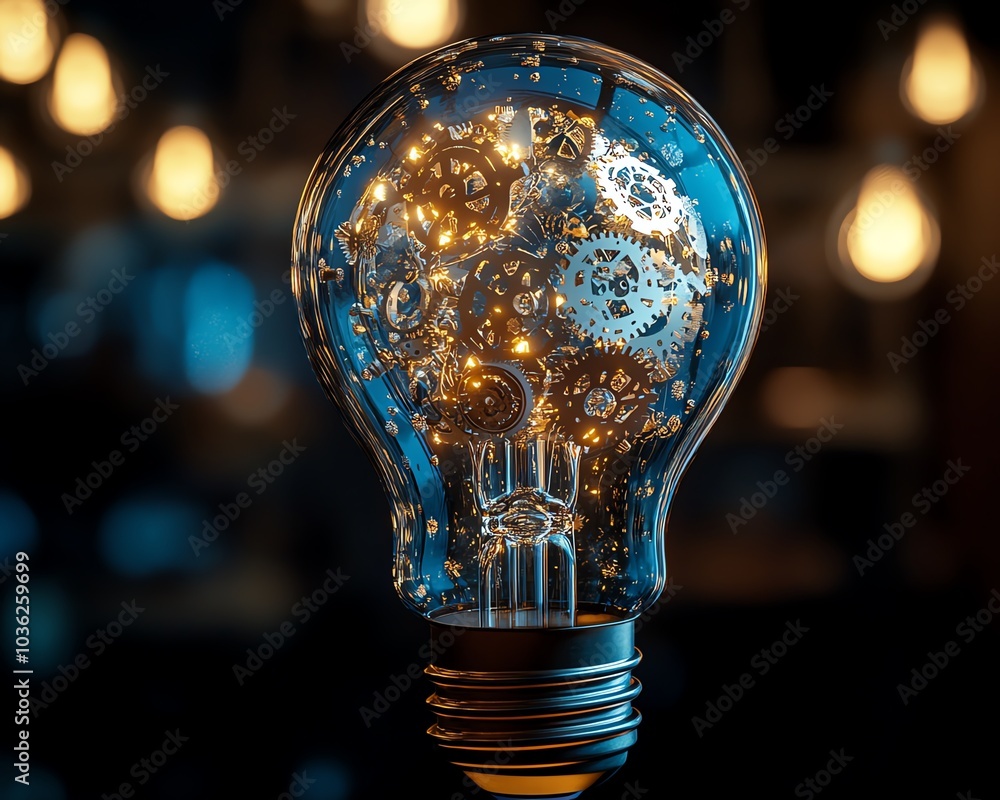 Poster light bulb adorned with intricate gears and cogs, highlighting the synergy between creativity and te