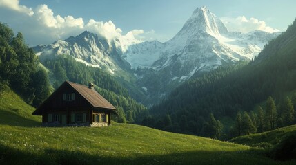 Obraz premium A small wooden cabin sits on a grassy hillside in front of a majestic mountain range.