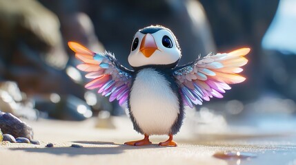 Fototapeta premium 3D Cute Baby Puffin with Pastel Wings Standing