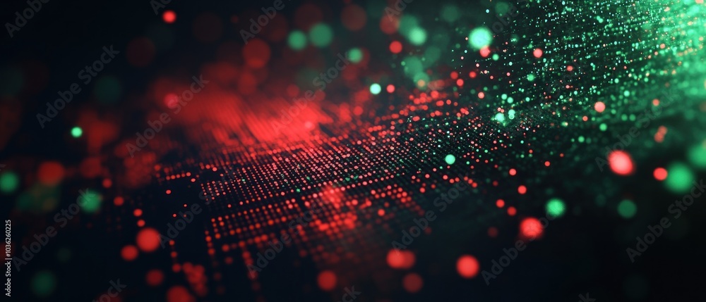 Aufkleber abstract digital visualization with red and green particles on a dark background.