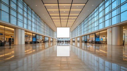 A blank white poster displayed near the entrance of an airport terminal, perfect for welcoming passengers.