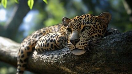 Obraz premium A leopard rests on a tree branch in a lush green jungle.