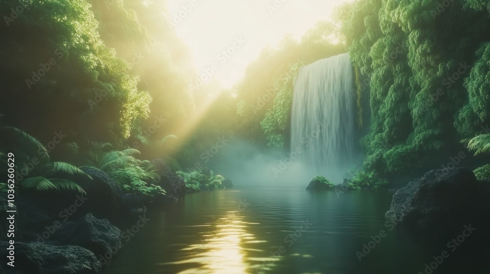 Poster sun rays stream through the trees and illuminate a waterfall in a lush tropical forest.