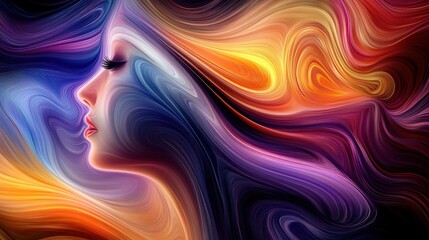 Obraz premium Abstract portrait of a woman with flowing hair, rendered in vibrant colors and swirling patterns.