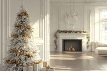 Snow-white Christmas tree, luxury, decorated with a golden garland, with gifts for the day in a stylish light interior, Scandinavian minimalism. Merry christmas, cozy at home, living space living , ai