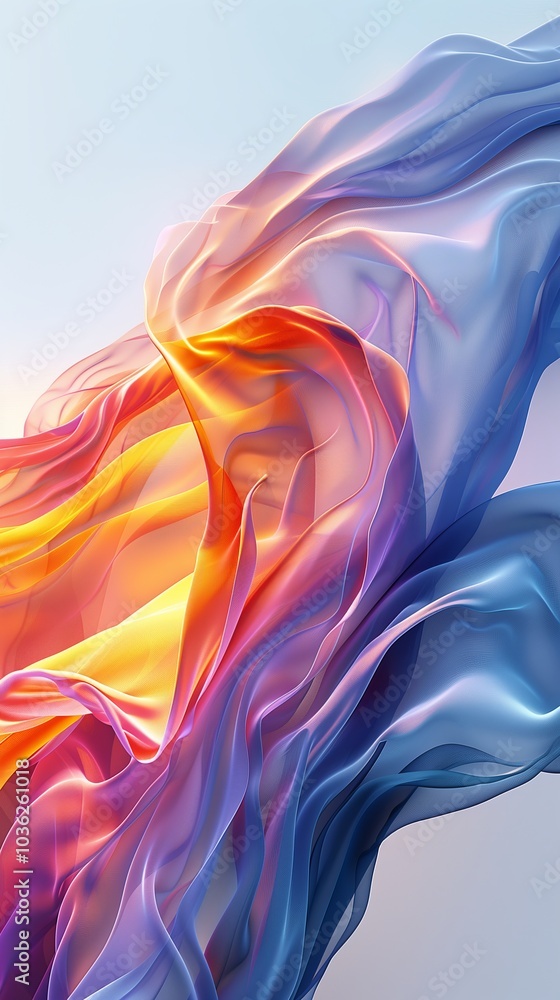 Poster 3d rendering, gradient color background with light blue and orange waves, flowing lines of abstract 