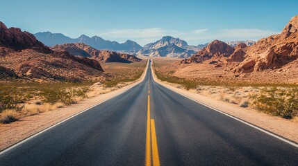 Naklejka premium A long, straight road stretches through a desert landscape.