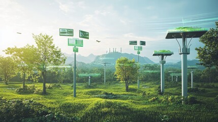 A futuristic AI-powered environmental monitoring station, open landscape with real-time data collection devices, Environmental style